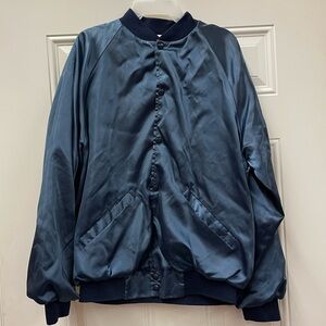 Vintage Cardinal Made In The USA Blue Satin Snap Front Bomber Jacket XL